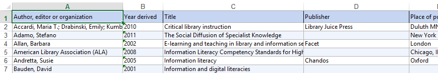 Example of a table before the import