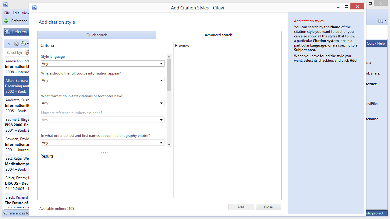 Citavi in Detail &gt; Using Citation Styles &gt; Finding