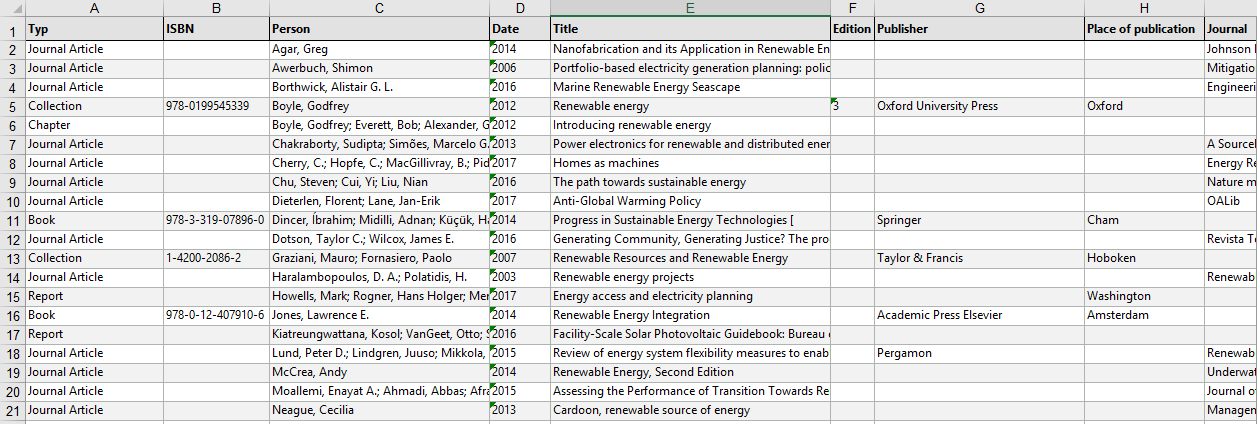 Example of a table before an import